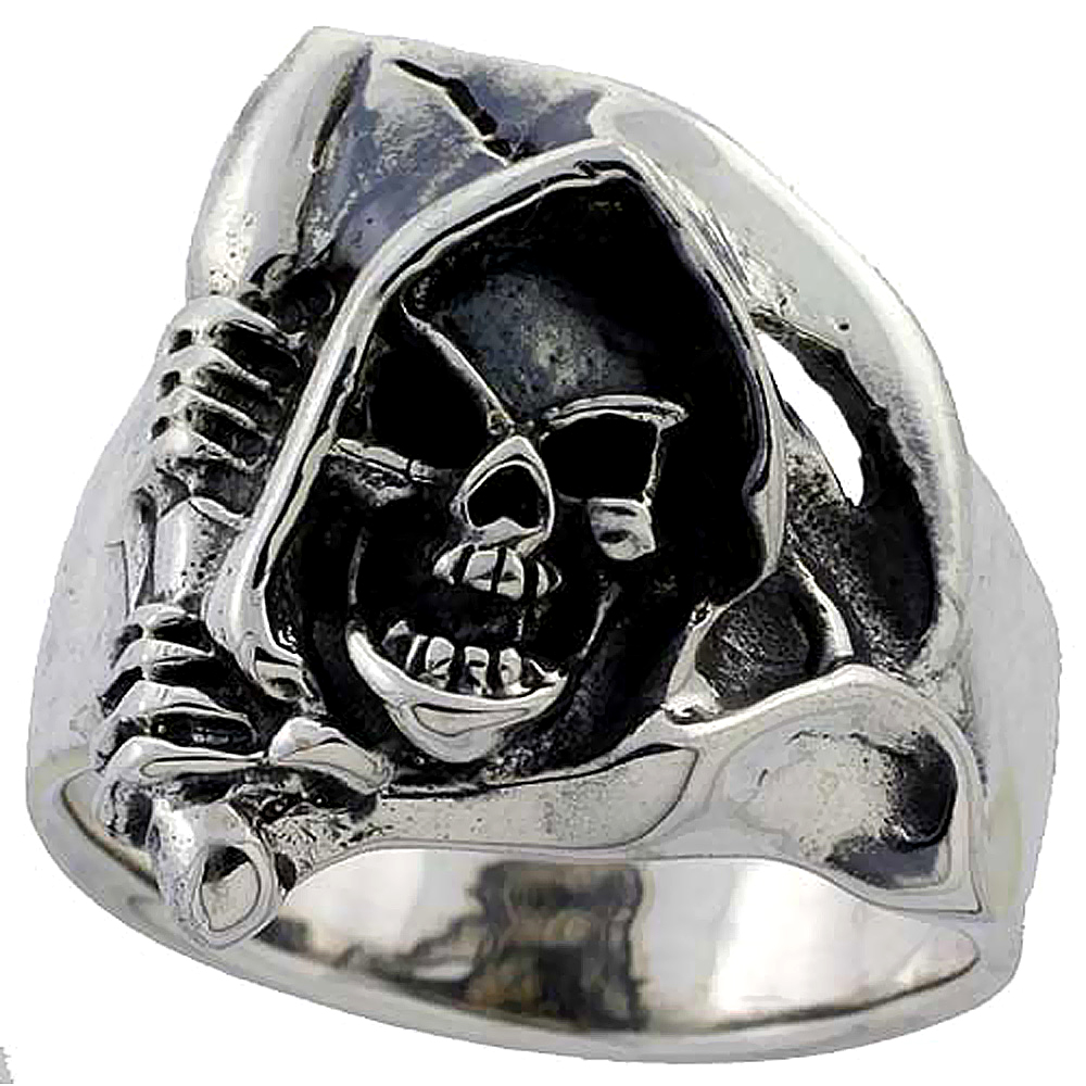 Sterling Silver Grim Reaper Skull Ring 1 inch wide, sizes 8 to 14