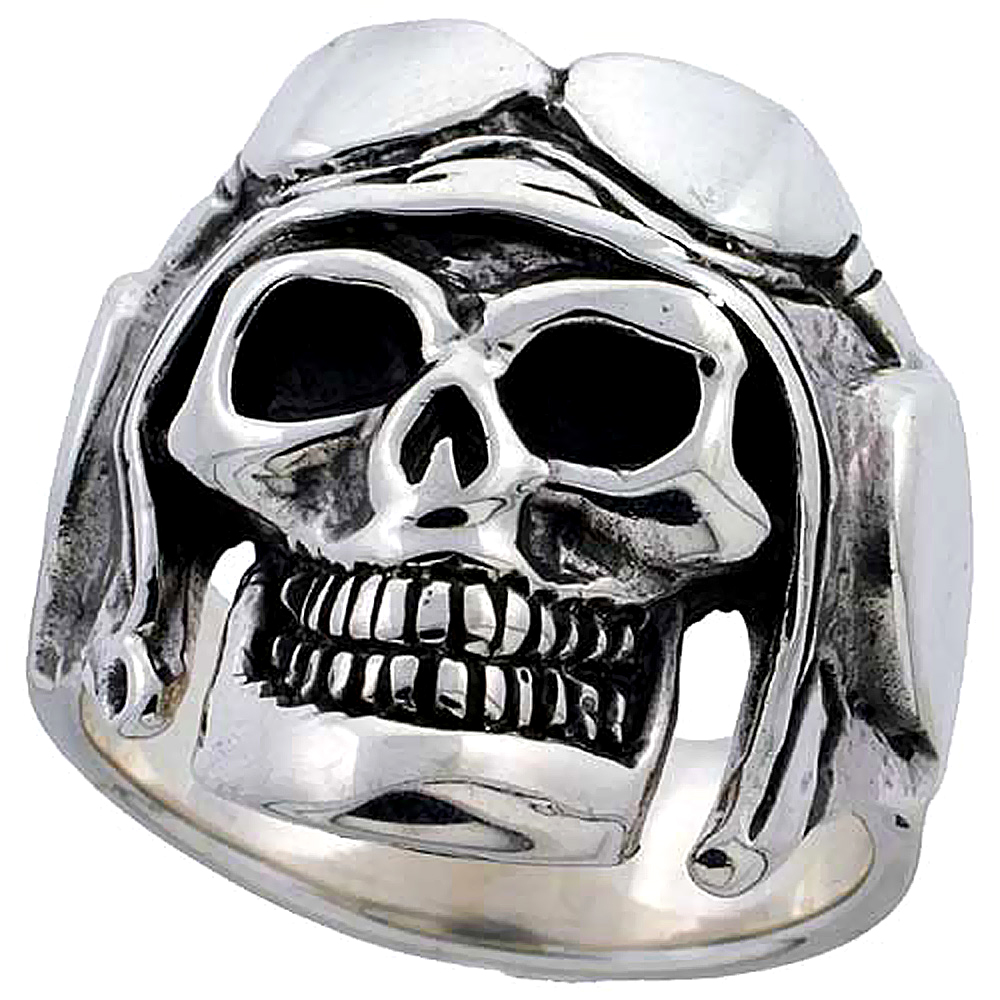 Sterling Silver Skull with Helmet Ring 1 inch wide, sizes 8 to 14 