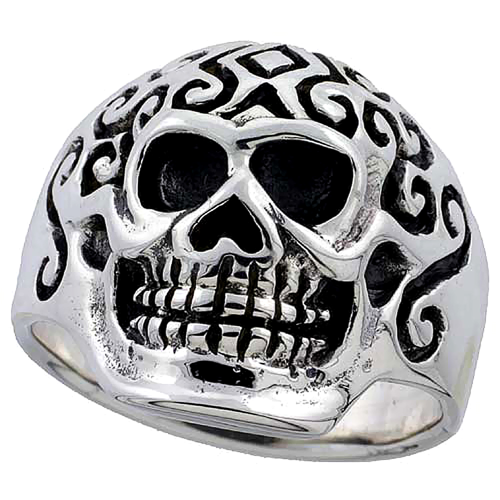 Sterling Silver Tattooed Skull Ring 7/8 inch wide, sizes 8 to 14 