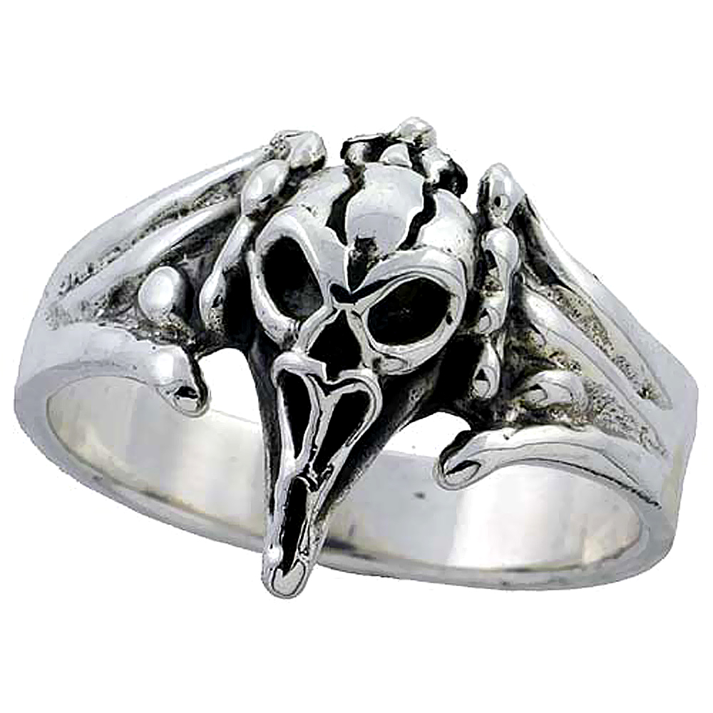 Sterling Silver Vulture Skull Ring 3/4 inch wide, sizes 8 to 14 