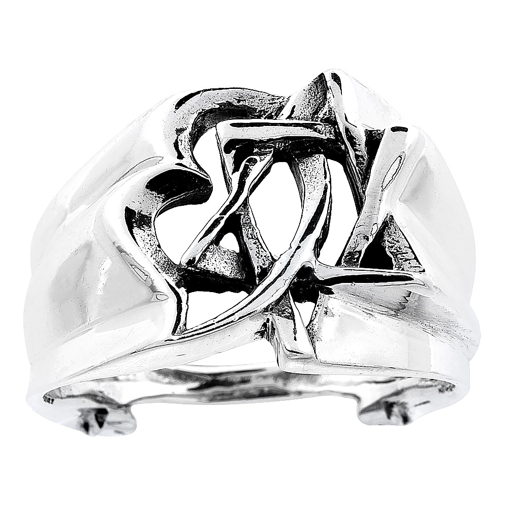 Sterling Silver Interlacing Star of David &amp; Heart Ring 5/8 inch wide, sizes 5 to 12
