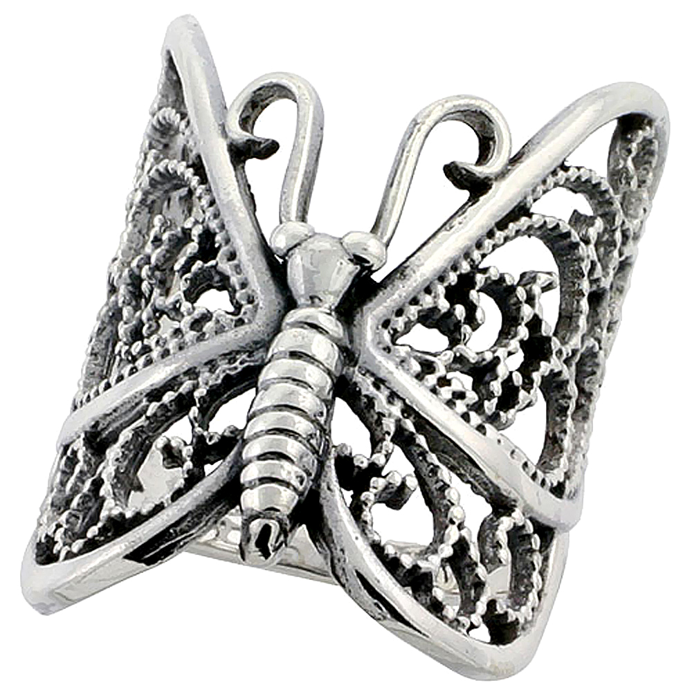 Sterling Silver Filigree Butterfly Ring Large 1 1/4 inch Long, sizes 6 - 10.5
