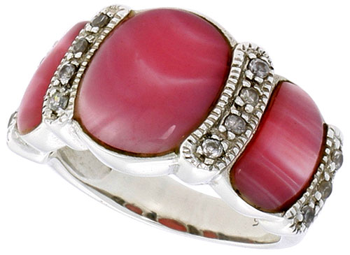 Sterling Silver Oxidized Ring, w/ 12 x 9 mm &amp; Two 9 x 5 mm Oval-shaped Pink Mother of Pearls, &amp; Tiny CZ&#039;s, 1/2&quot; (13 mm) wide
