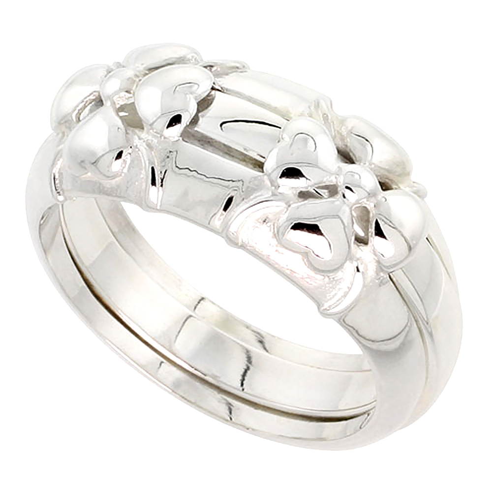 Sterling Silver Heart Petal Flower Ring Guard Flawless finish 3/8 inch wide, sizes 6 - 10