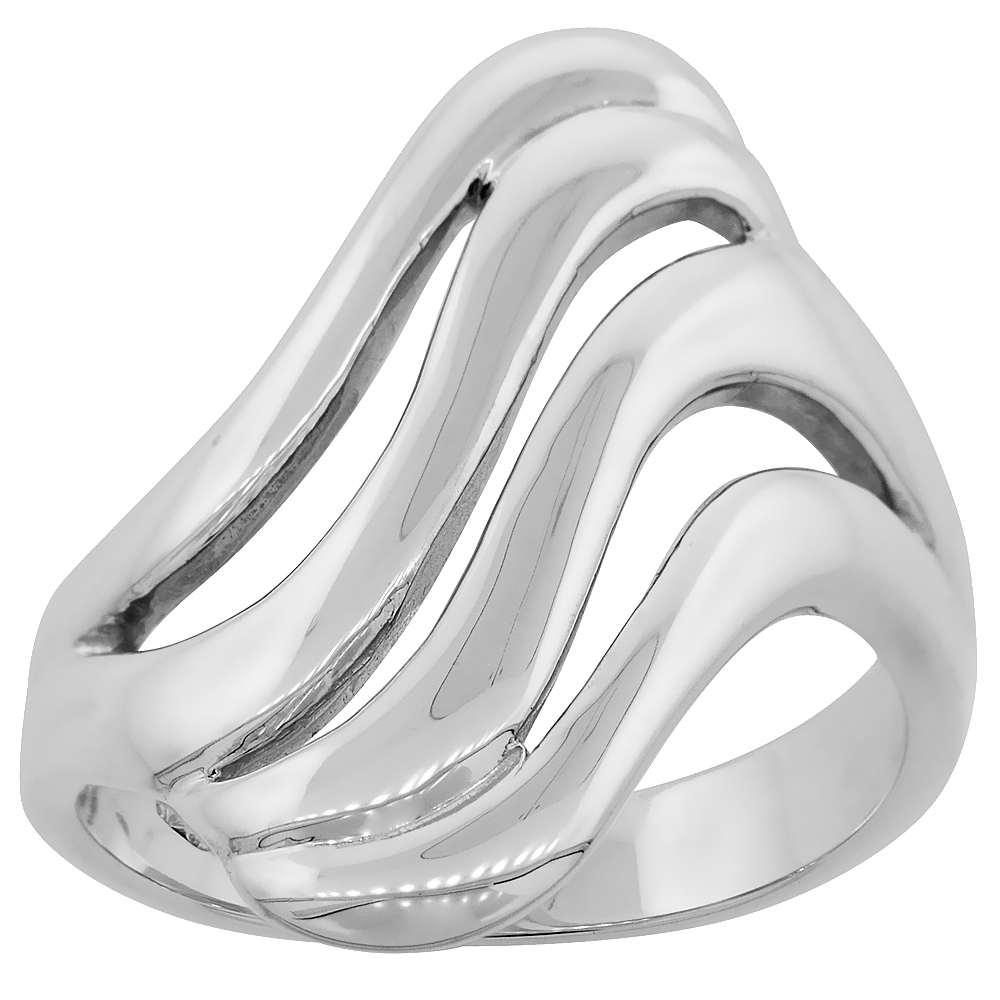 Sterling Silver Cut-out Wave Ring Flawless finish 1 inch wide, sizes 6 to 10