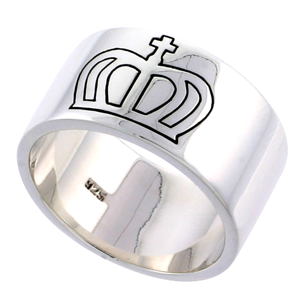 Gents Sterling Silver Cross and Crown Ring Solid back Flawless Finish 1/2 inch wide, sizes 9 to 14