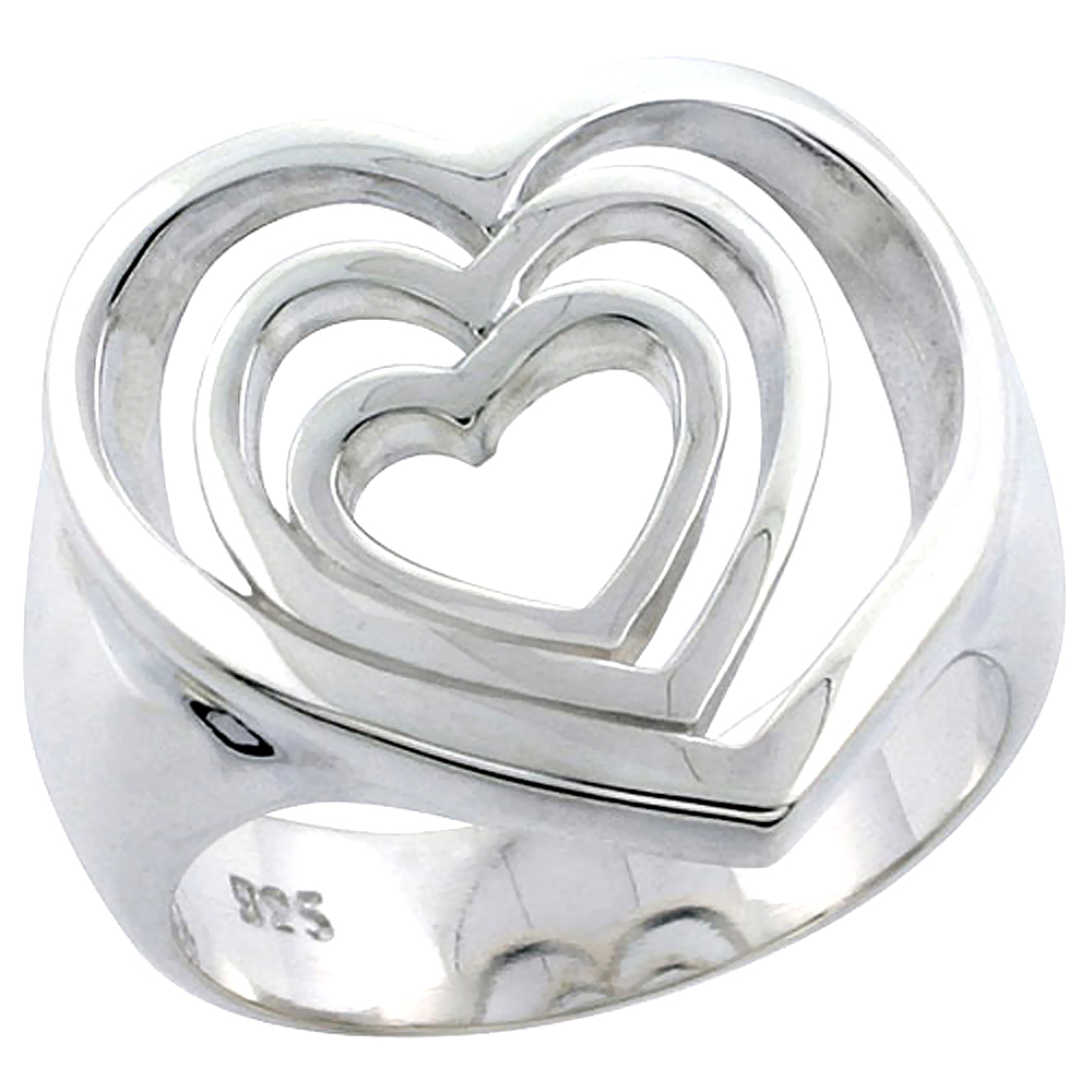 Sterling Silver Cascading Hearts Ring Flawless finish 11/16 inch wide, sizes 6 - 10