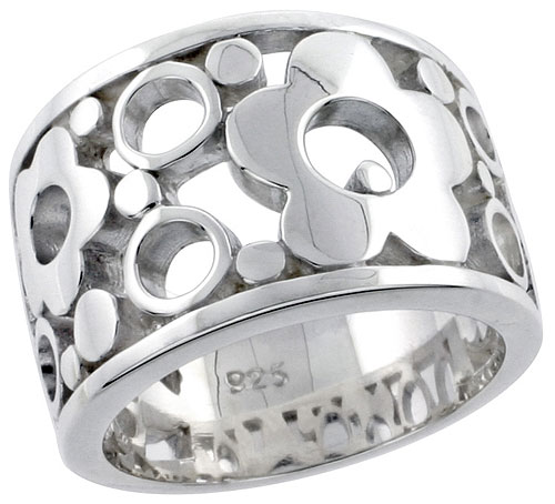 Sterling Silver Bubbles &amp; Flower Ring Flawless finish, 1/2 inch wide, sizes 6 - 10