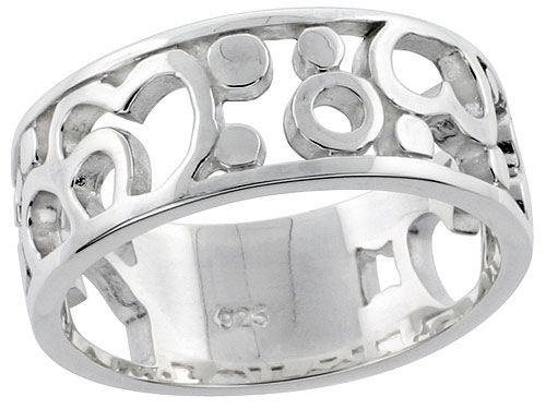 Sterling Silver Hearts &amp; Bubbles Band Ring Flawless finish 5/16 inch wide, sizes 6 - 10