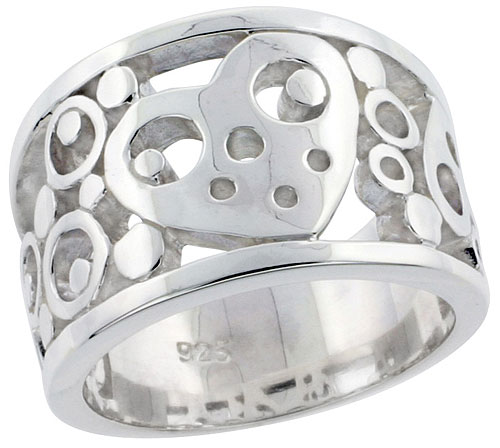 Sterling Silver Hearts &amp; Bubbles Band Ring Flawless finish 1/2 inch wide, sizes 6 - 10