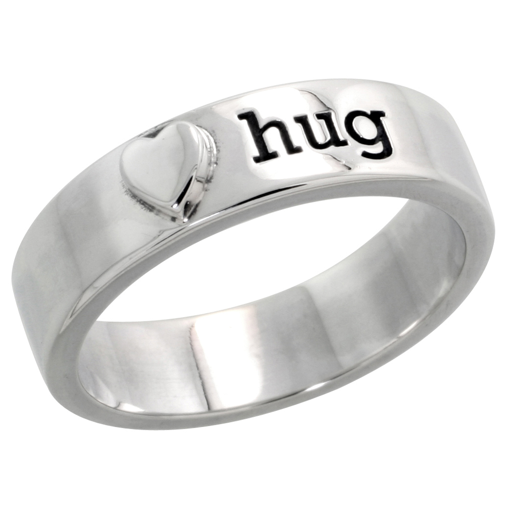 Sterling Silver HUG Ring Flawless finish Band w/ Teeny Heart, 3/16 inch wide