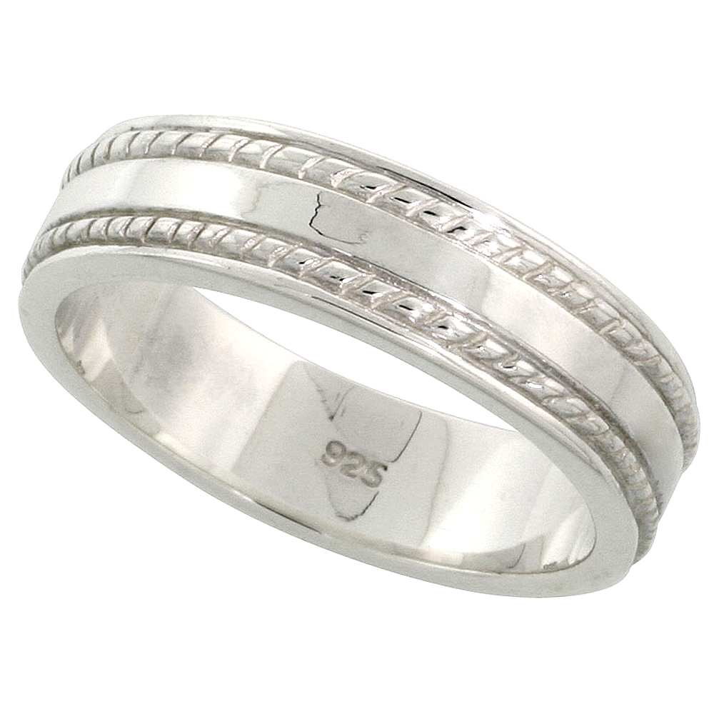 Sterling Silver Double Rope Inlay Wedding Band Ring Flawless finish Band, 7/32 inch wide