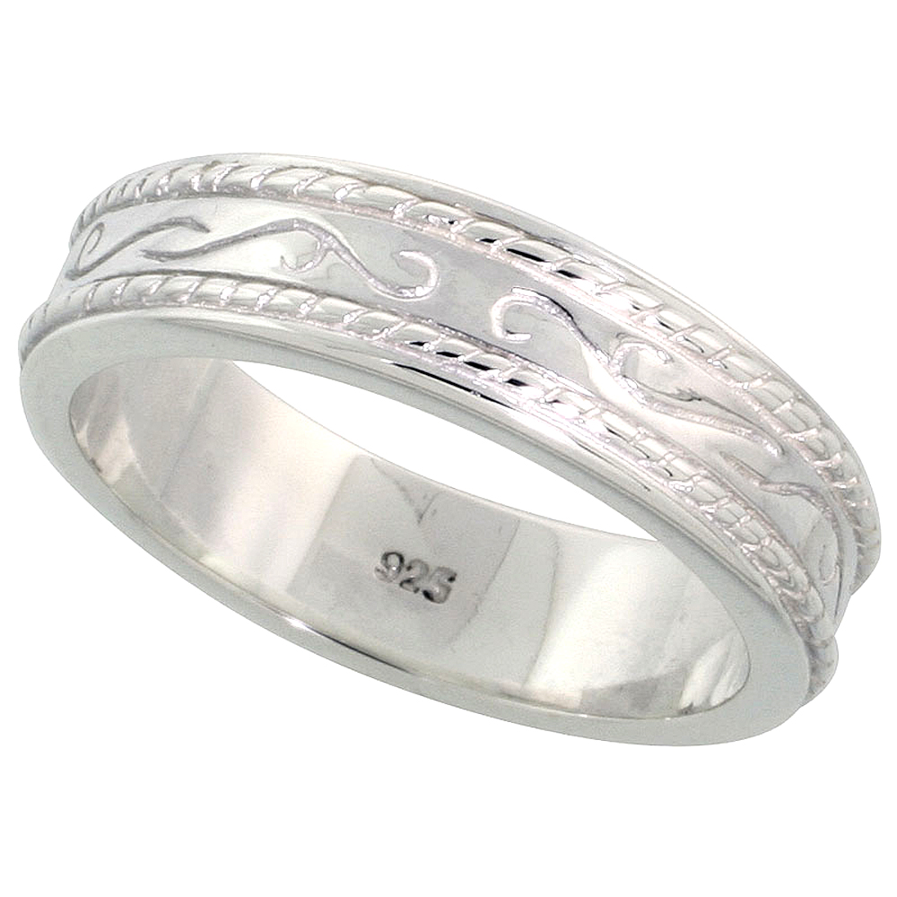 Sterling Silver Double Rope Inlay Wedding Band Ring Engraved center Flawless finish Band, 7/32 inch wide