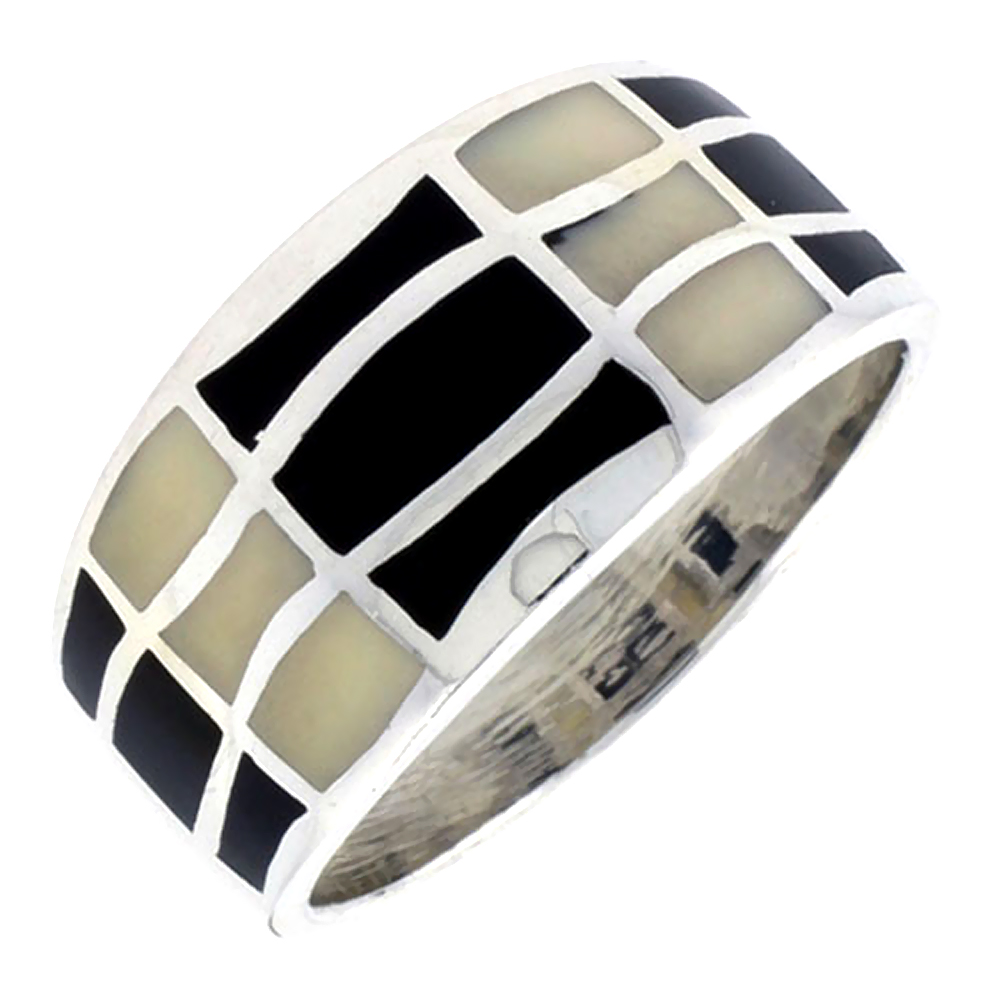 Sterling Silver Striped Band, w/Black &amp; White Mother of Pearl Inlay, 1/2&quot; (12 mm) wide