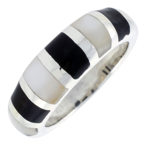 Sterling Silver Striped Band, w/Black &amp; White Mother of Pearl Inlay, 5/16&quot; (8 mm) wide