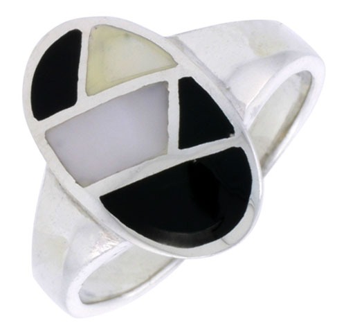 Sterling Silver Oval Shell Ring, w/Black &amp; White Mother of Pearl Inlay, 11/16&quot; (17 mm) wide