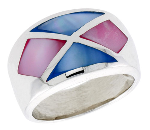 Sterling Silver Crisscross Design Dome Shell Ring, w/Pink &amp; Blue Mother of Pearl Inlay, 9/16&quot; (14 mm) wide