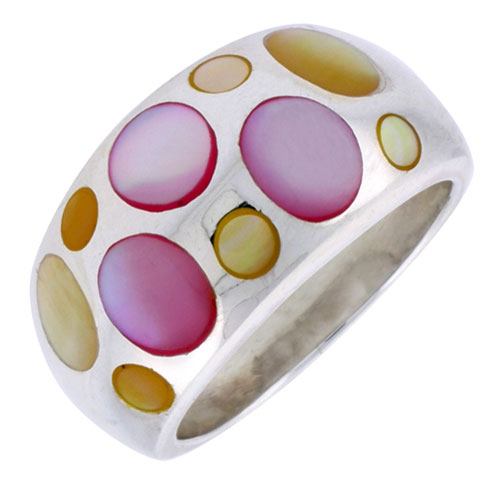Sterling Silver Bubble Design Dome Shell Ring, w/Colorful Mother of Pearl Inlay, 1/2&quot; (13 mm) wide