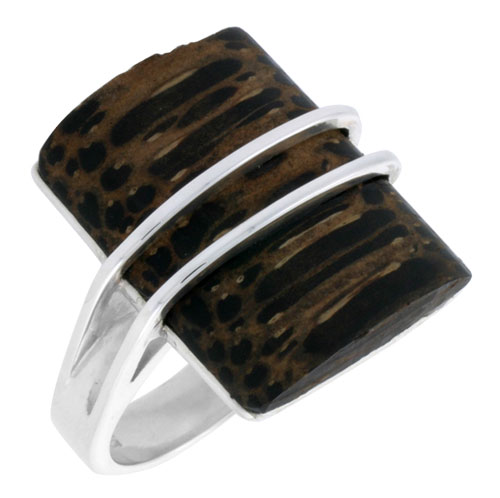Sterling Silver Rectangular Ring, w/ Ancient Wood Inlay, 15/16&quot; (24 mm) wide