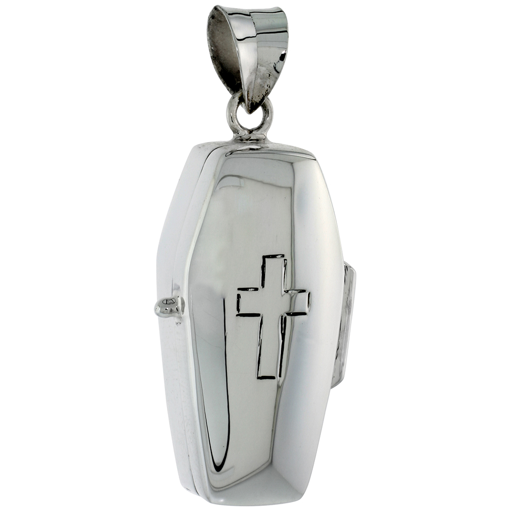 Sterling Silver Coffin Urn Pendant, Ash Container w/ Engraved Crucifix, 1 9/16" (40 mm) tall 