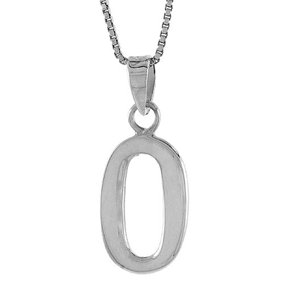 Sterling Silver Number 0 Necklace for Jersey Numbers &amp; Recovery High Polish 3/4 inch, 2mm Curb Chain