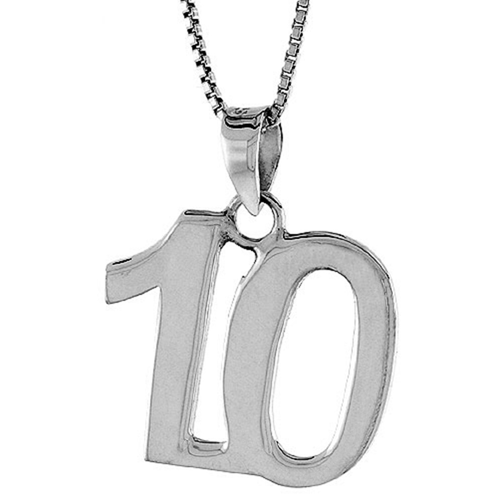 Sterling Silver Number 10 Necklace for Jersey Numbers &amp; Recovery High Polish 3/4 inch, 2mm Curb Chain