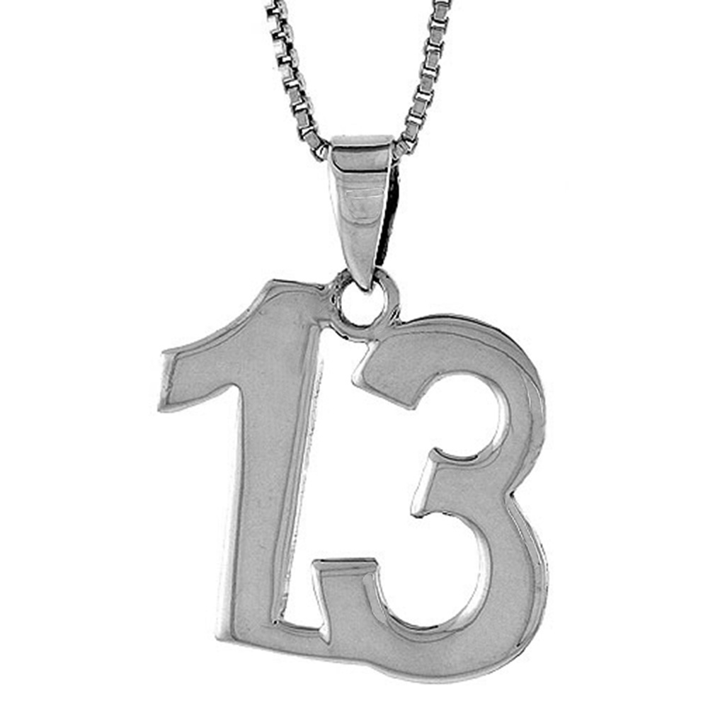 Sterling Silver Number 13 Necklace for Jersey Numbers &amp; Recovery High Polish 3/4 inch, 2mm Curb Chain