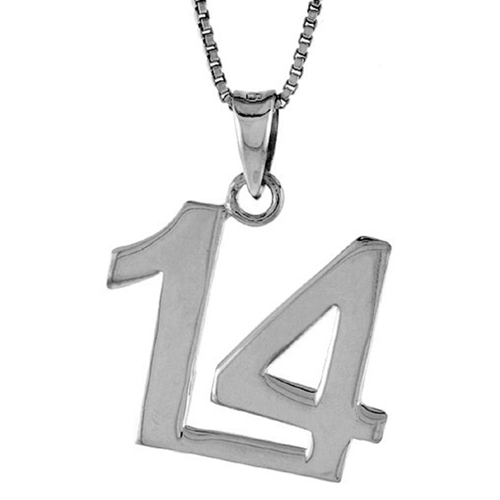 Sterling Silver Number 14 Necklace for Jersey Numbers &amp; Recovery High Polish 3/4 inch, 2mm Curb Chain