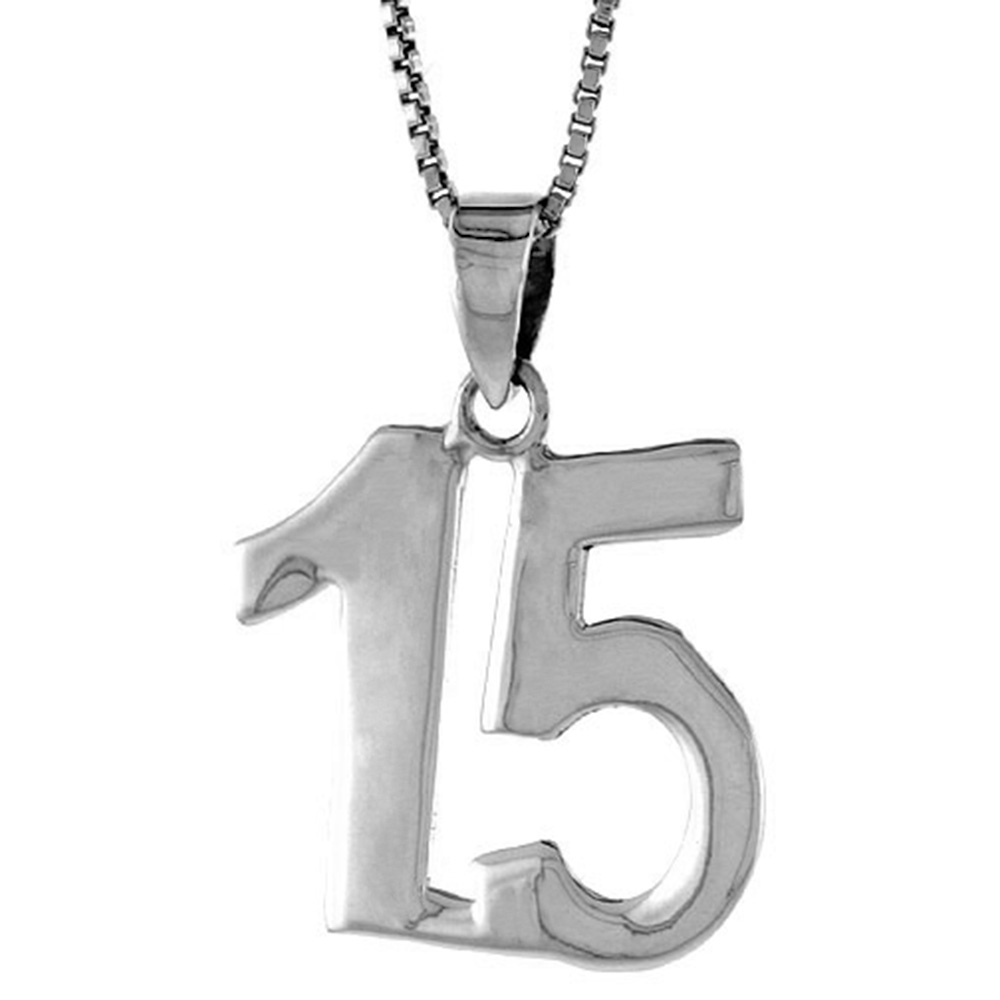 Sterling Silver Number 15 Necklace for Jersey Numbers & Recovery High Polish 3/4 inch, 2mm Curb Chain