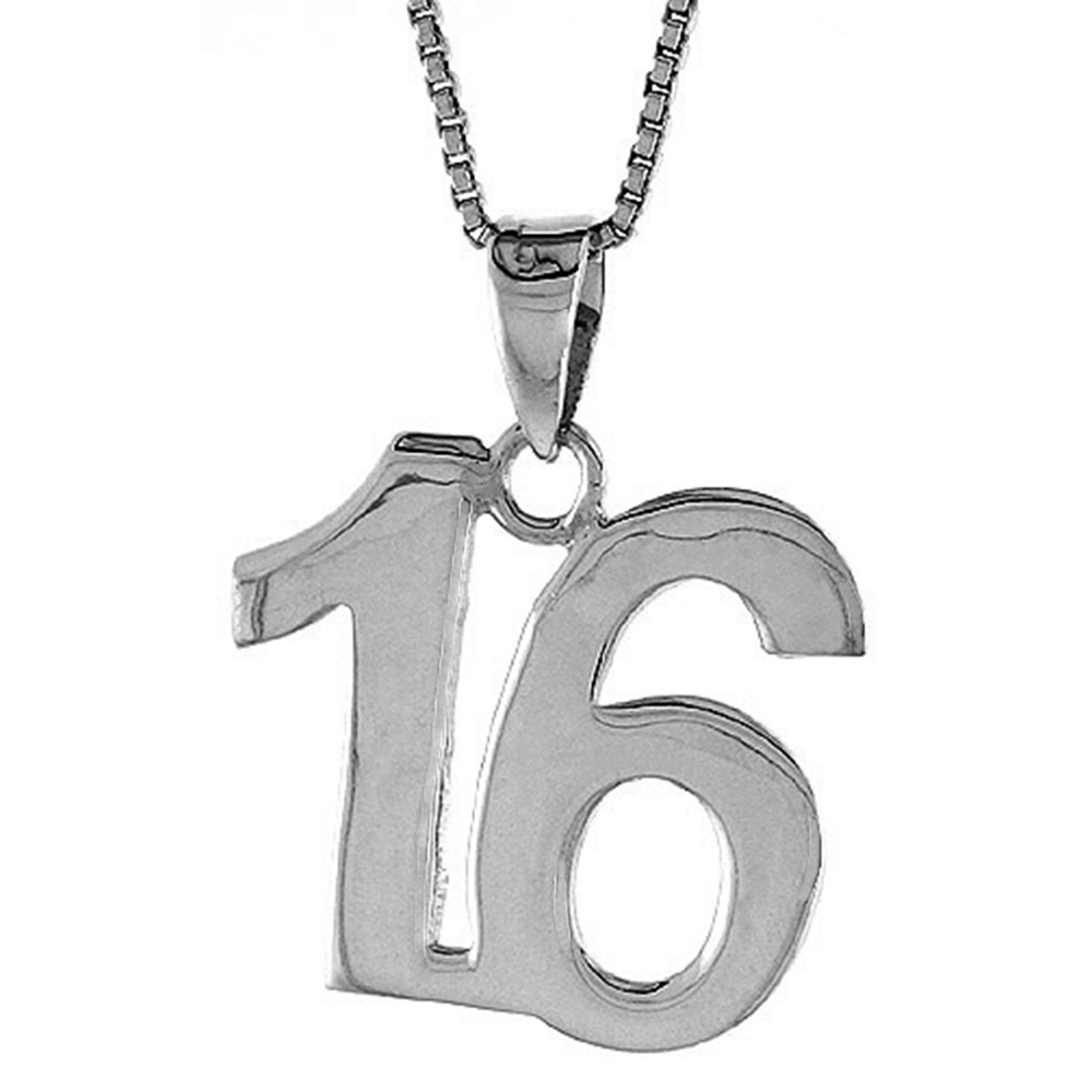 Sterling Silver Number 16 Necklace for Jersey Numbers &amp; Recovery High Polish 3/4 inch, 2mm Curb Chain