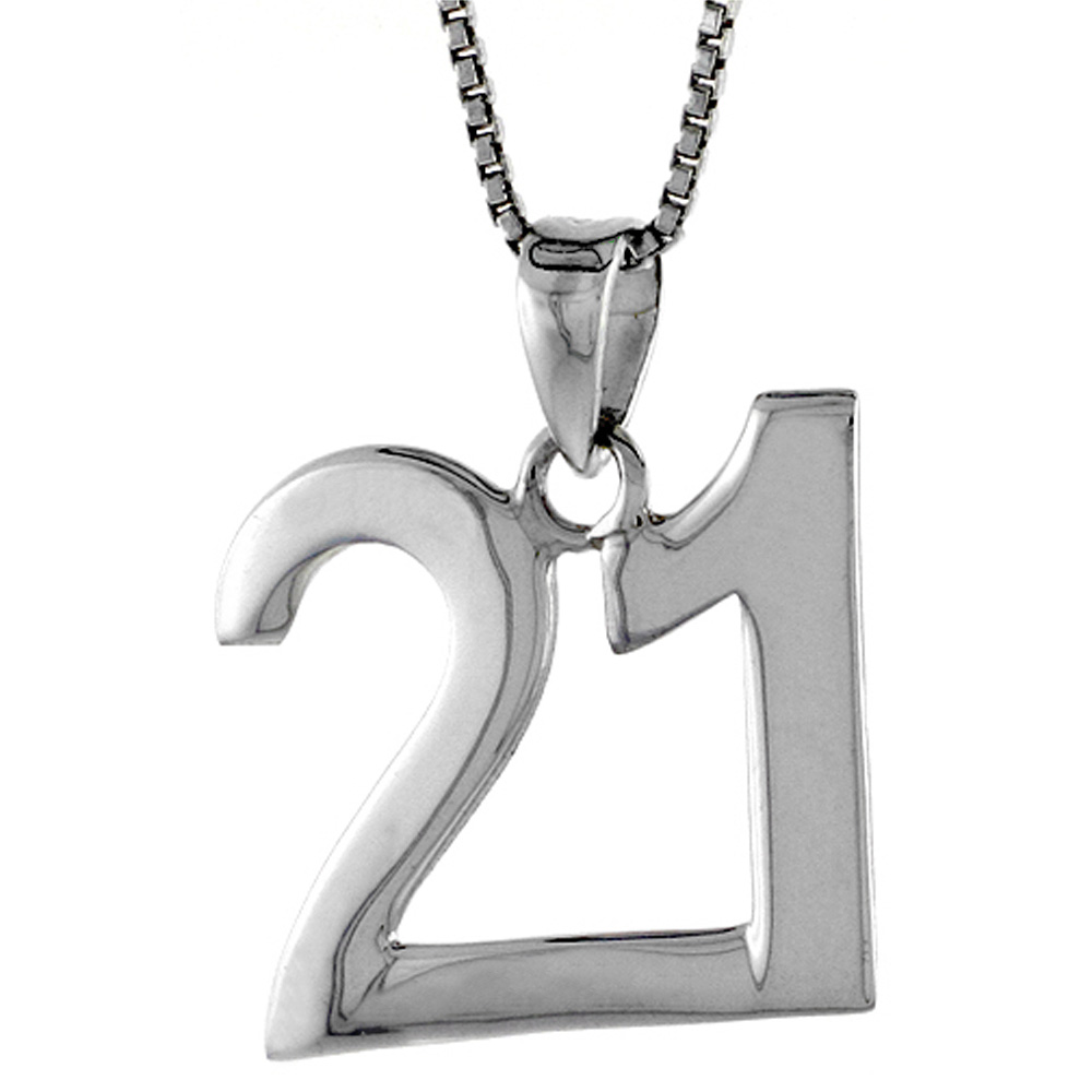Sterling Silver Number 21 Necklace for Jersey Numbers & Recovery High Polish 3/4 inch, 2mm Curb Chain