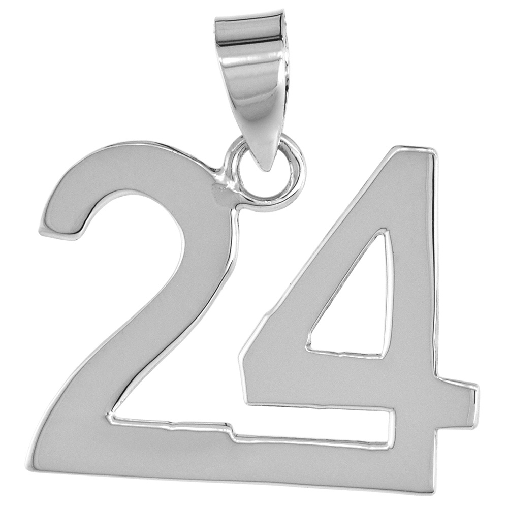 Sterling Silver Number 24 Necklace for Jersey Numbers &amp; Recovery High Polish 3/4 inch, 2mm Curb Chain