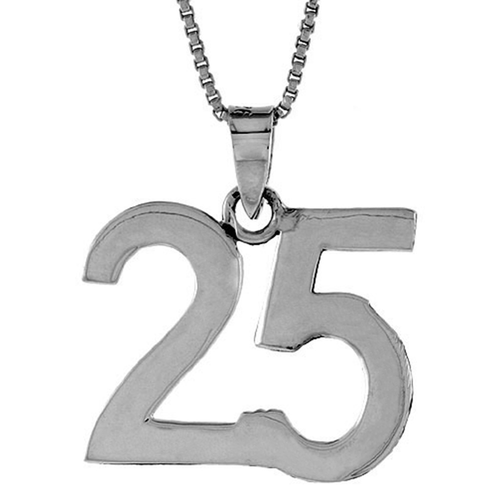 Sterling Silver Number 25 Necklace for Jersey Numbers &amp; Recovery High Polish 3/4 inch, 2mm Curb Chain