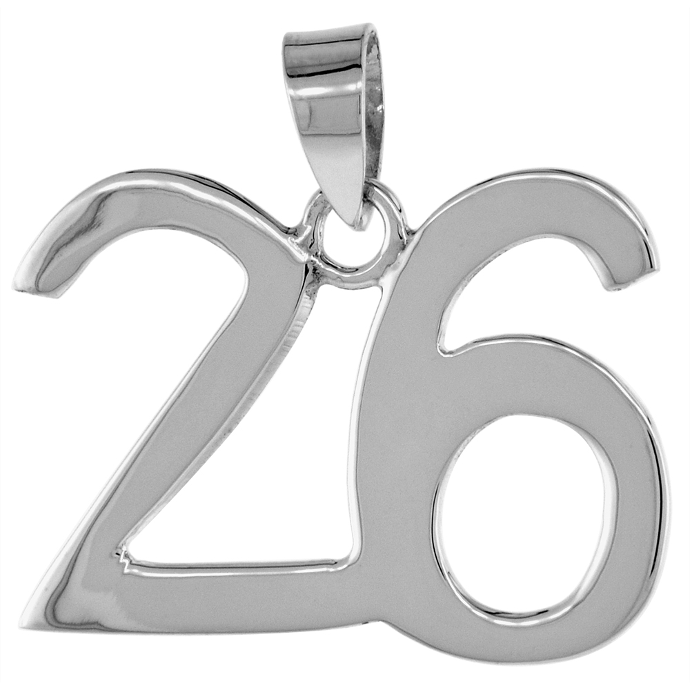 Sterling Silver Number 26 Necklace for Jersey Numbers &amp; Recovery High Polish 3/4 inch, 2mm Curb Chain