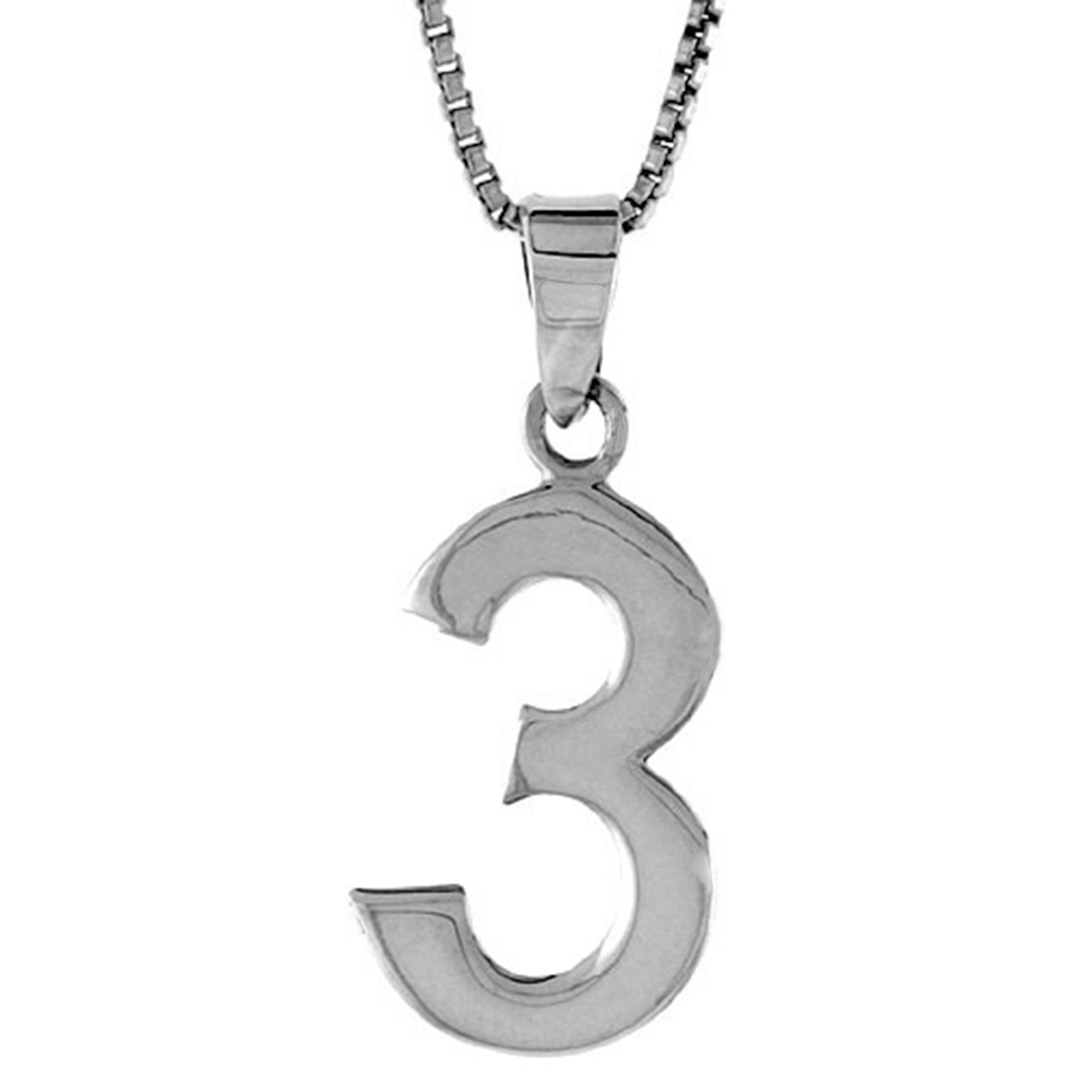 Sterling Silver Number 3 Necklace for Jersey Numbers & Recovery High Polish 3/4 inch, 2mm Curb Chain