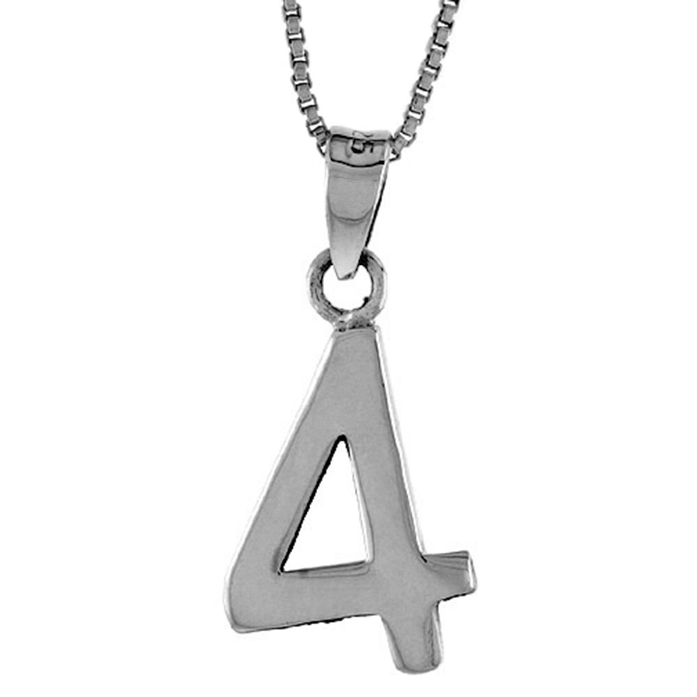 Sterling Silver Number 4 Necklace for Jersey Numbers &amp; Recovery High Polish 3/4 inch, 2mm Curb Chain