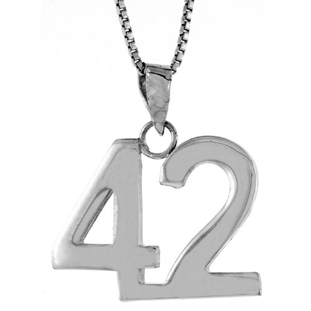Sterling Silver Number 42 Necklace for Jersey Numbers &amp; Recovery High Polish 3/4 inch, 2mm Curb Chain