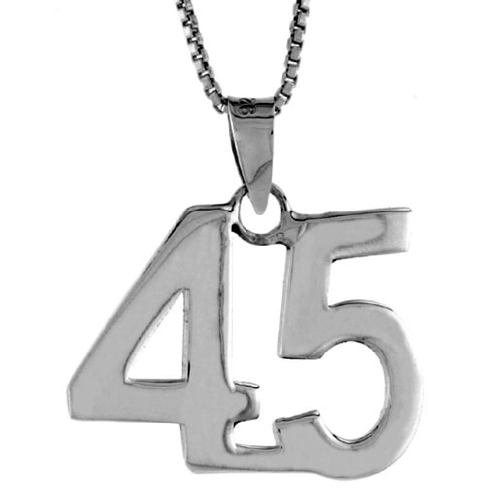 Sterling Silver Number 45 Necklace for Jersey Numbers &amp; Recovery High Polish 3/4 inch, 2mm Curb Chain