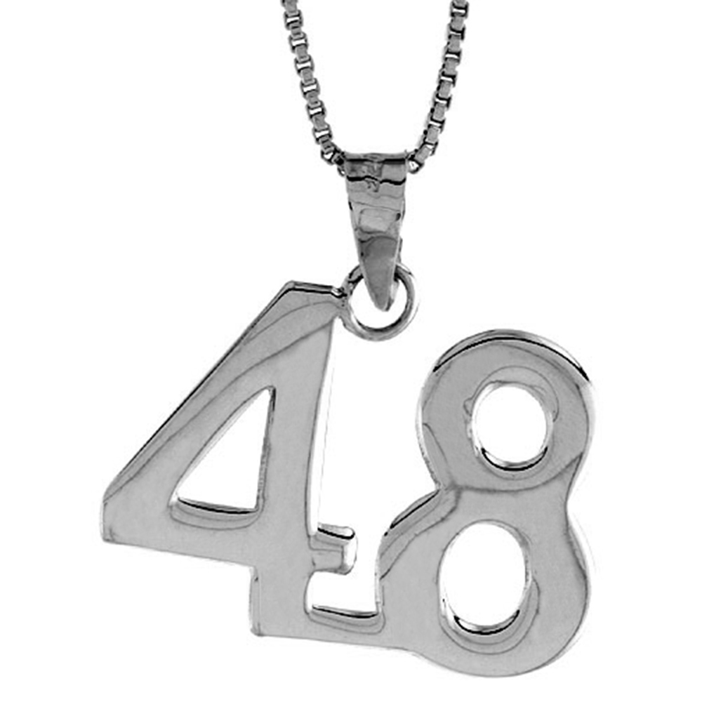 Sterling Silver Number 48 Necklace for Jersey Numbers &amp; Recovery High Polish 3/4 inch, 2mm Curb Chain