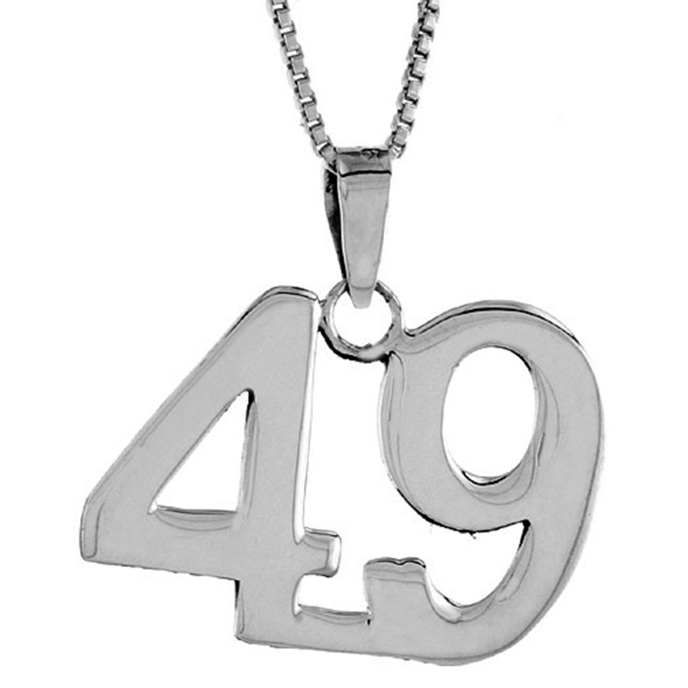 Sterling Silver Number 49 Necklace for Jersey Numbers &amp; Recovery High Polish 3/4 inch, 2mm Curb Chain