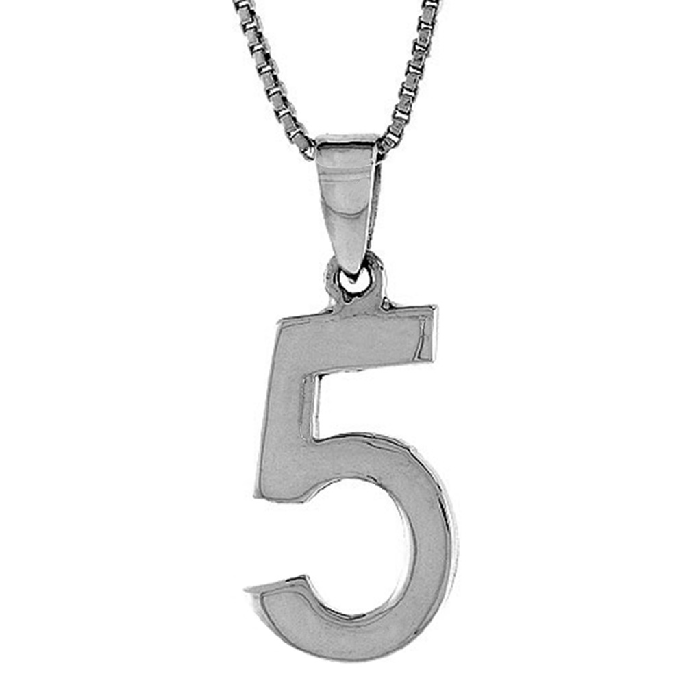 Sterling Silver Number 5 Necklace for Jersey Numbers &amp; Recovery High Polish 3/4 inch, 2mm Curb Chain