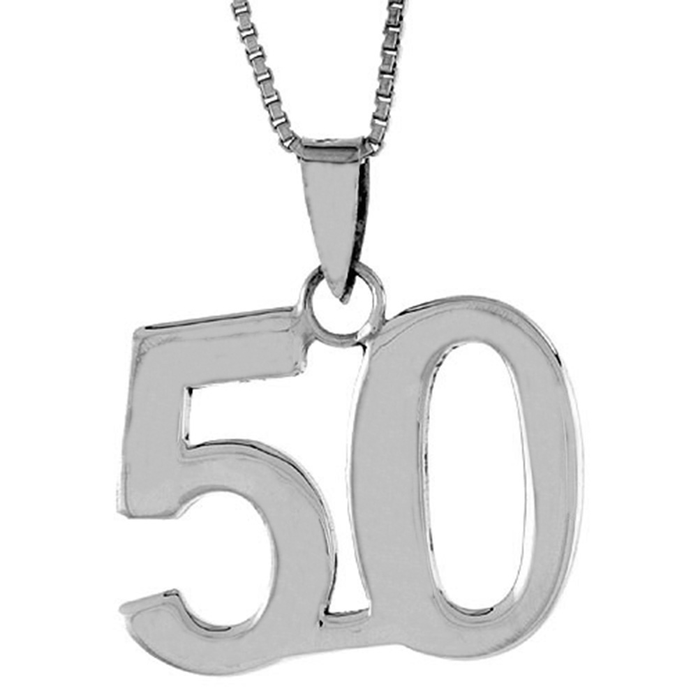 Sterling Silver Number 50 Necklace for Jersey Numbers & Recovery High Polish 3/4 inch, 2mm Curb Chain