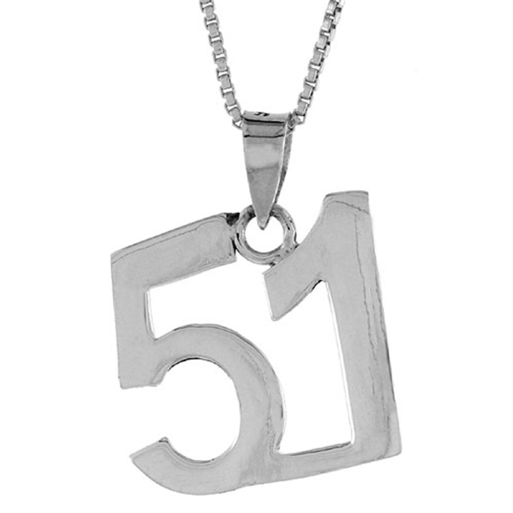 Sterling Silver Number 51 Necklace for Jersey Numbers & Recovery High Polish 3/4 inch, 2mm Curb Chain