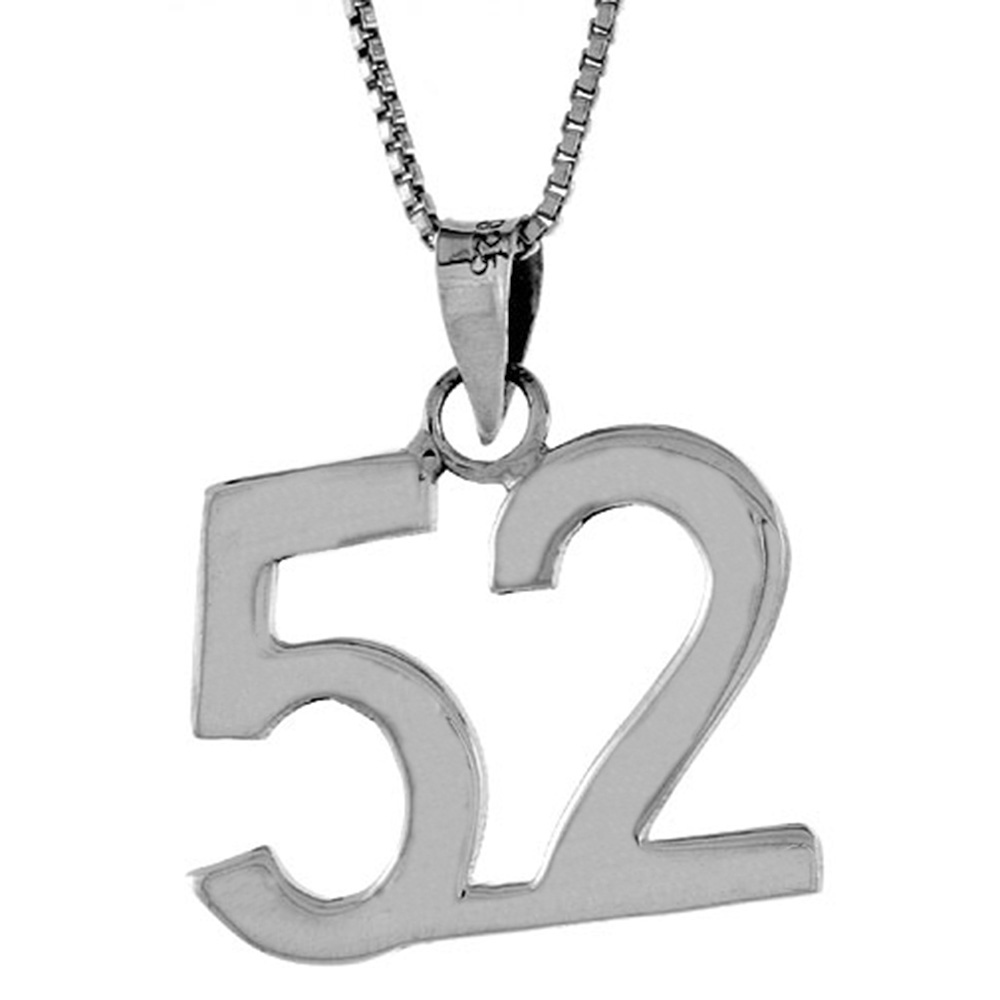 Sterling Silver Number 52 Necklace for Jersey Numbers & Recovery High Polish 3/4 inch, 2mm Curb Chain