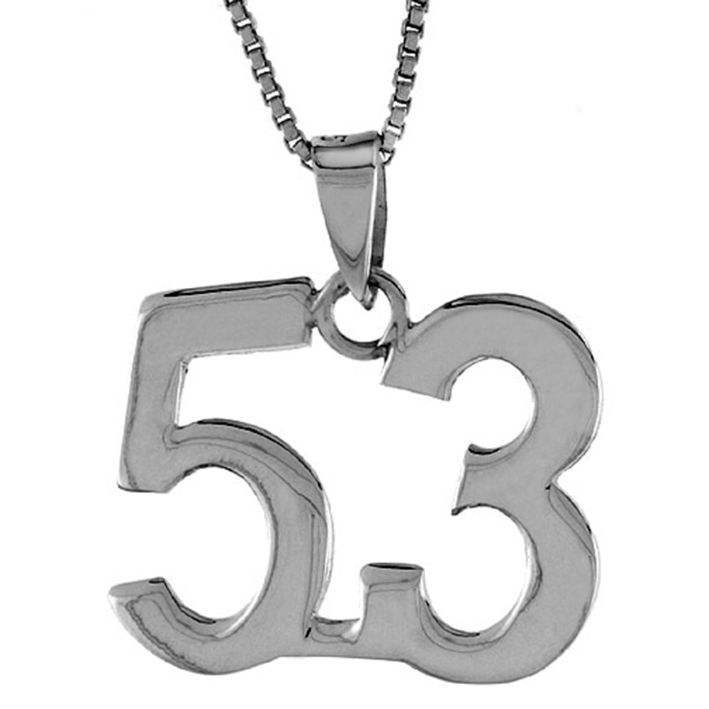 Sterling Silver Number 53 Necklace for Jersey Numbers &amp; Recovery High Polish 3/4 inch, 2mm Curb Chain