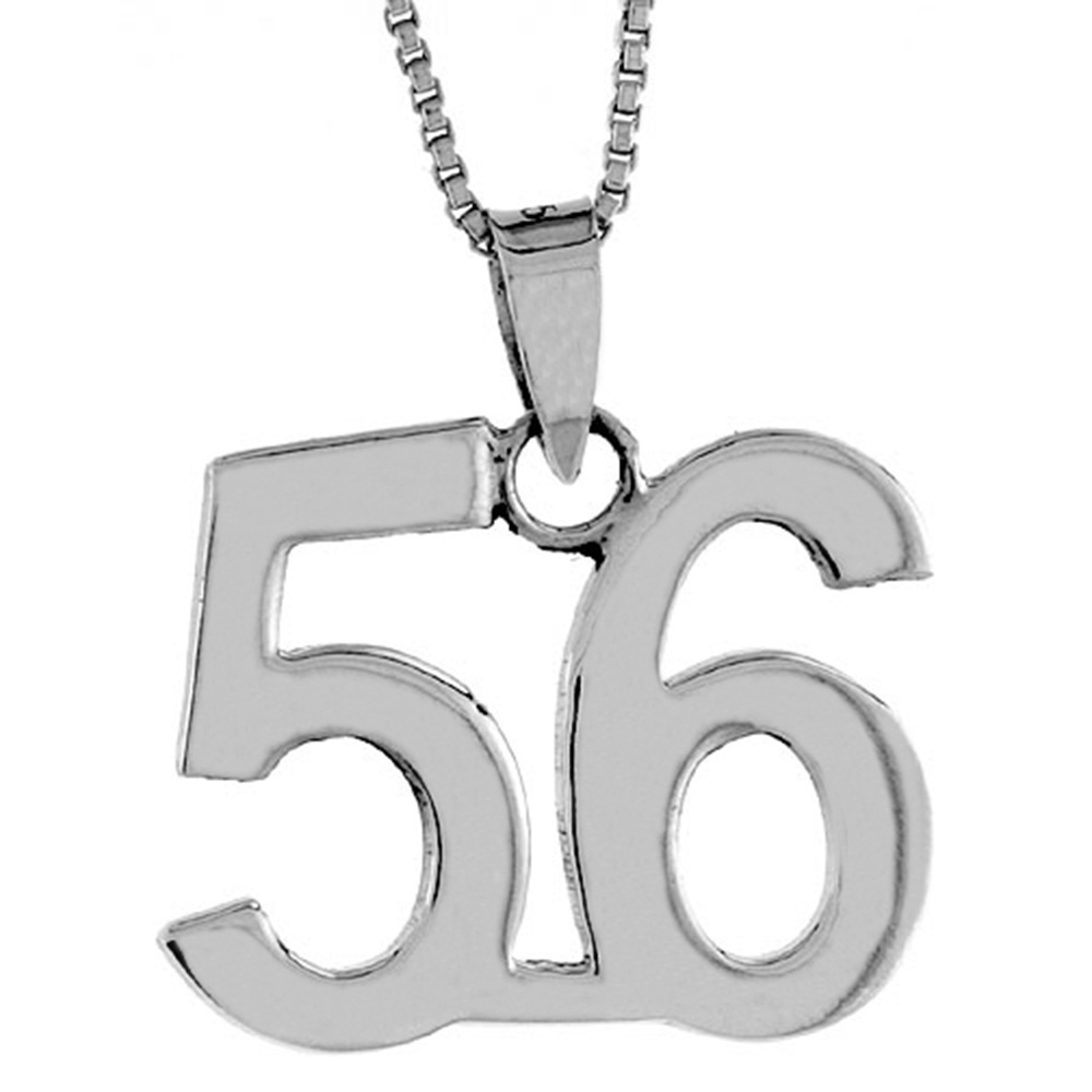 Sterling Silver Number 56 Necklace for Jersey Numbers &amp; Recovery High Polish 3/4 inch, 2mm Curb Chain