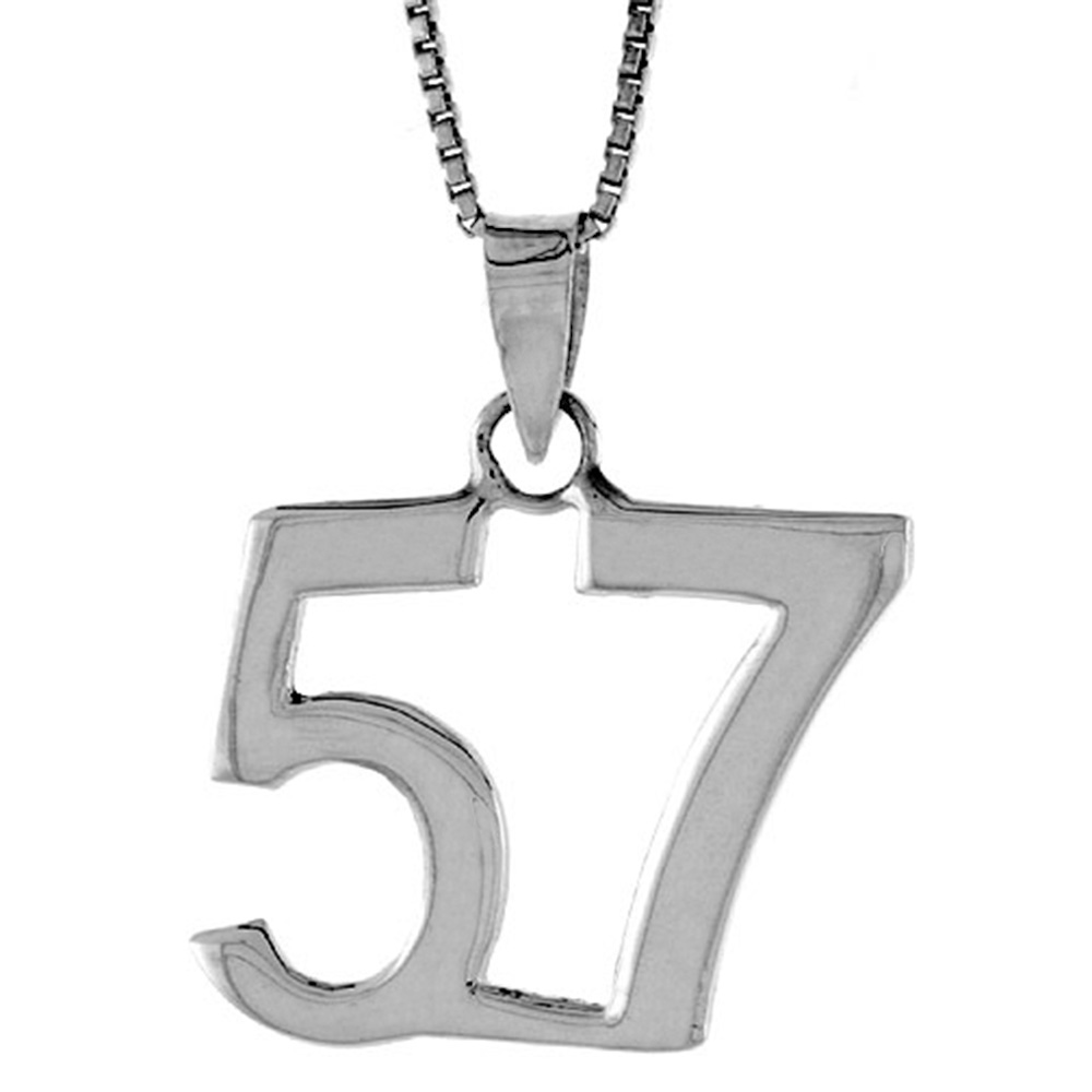 Sterling Silver Number 57 Necklace for Jersey Numbers & Recovery High Polish 3/4 inch, 2mm Curb Chain