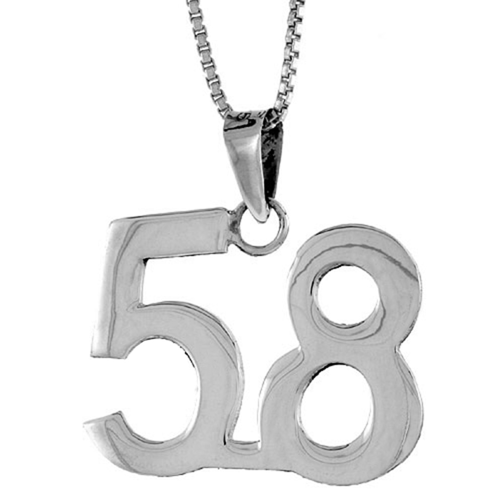 Sterling Silver Number 58 Necklace for Jersey Numbers &amp; Recovery High Polish 3/4 inch, 2mm Curb Chain