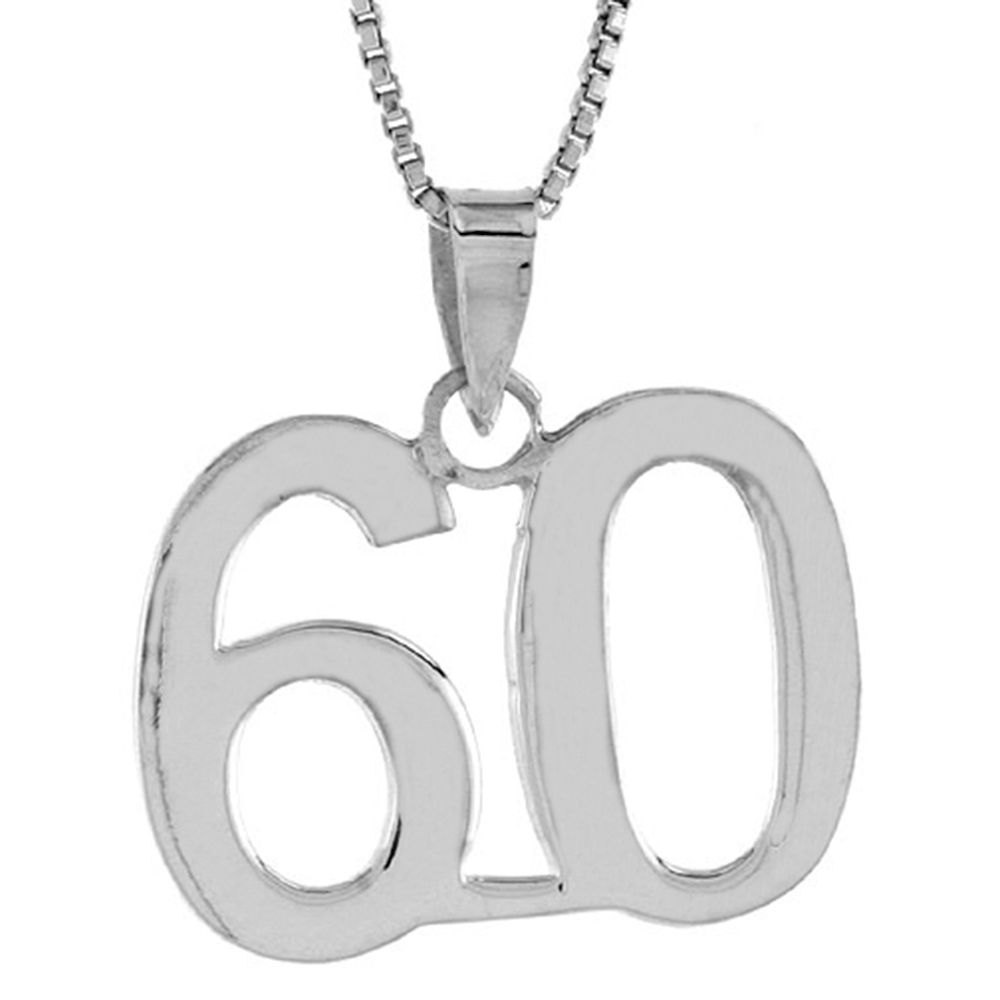 Sterling Silver Number 60 Necklace for Jersey Numbers &amp; Recovery High Polish 3/4 inch, 2mm Curb Chain