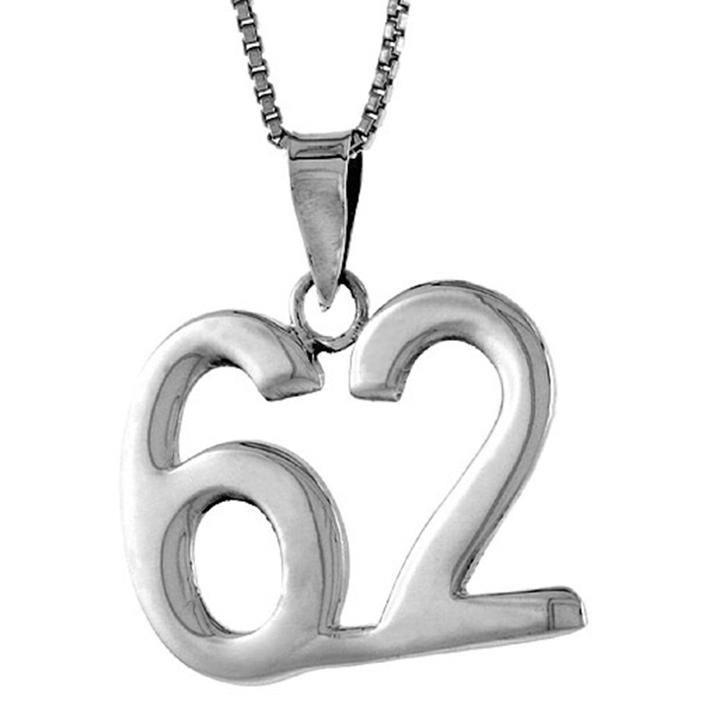 Sterling Silver Number 62 Necklace for Jersey Numbers &amp; Recovery High Polish 3/4 inch, 2mm Curb Chain